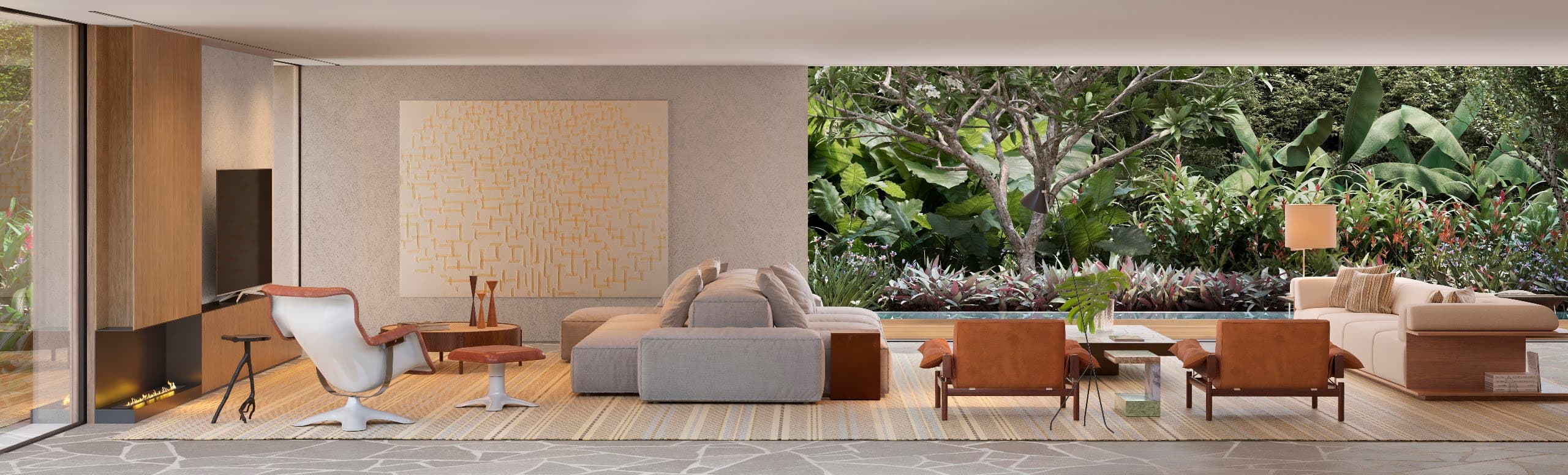 Living do Aram aberto para o jardim, de piso a teto