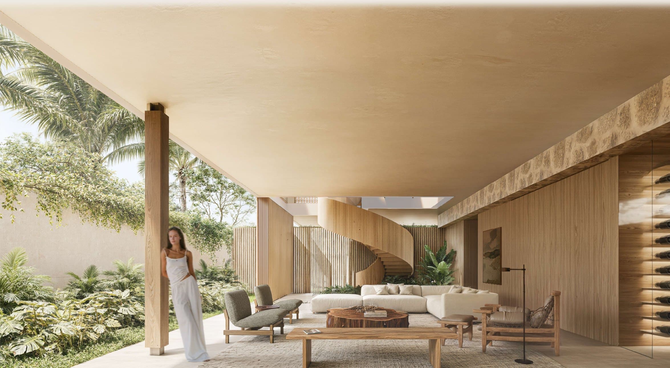 Living aberto para o jardim, com parede de pedra e marcenaria clara